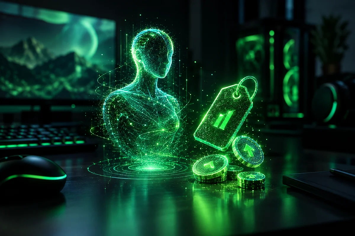 Concepto genérico de un holograma de IA de escritorio junto a monedas y una etiqueta de precio, categoría de companions de IA 2026