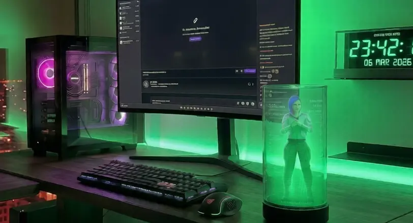 Project AVA hologram on a cyberpunk productive desk